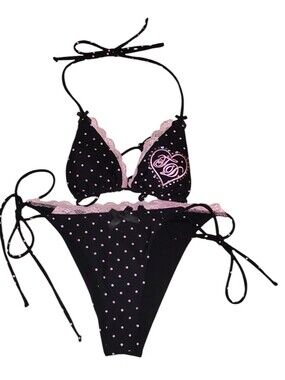 Lovestruck Triangle Micro Bikini Black/Pink Polka Dot  with Lace Feminine XS